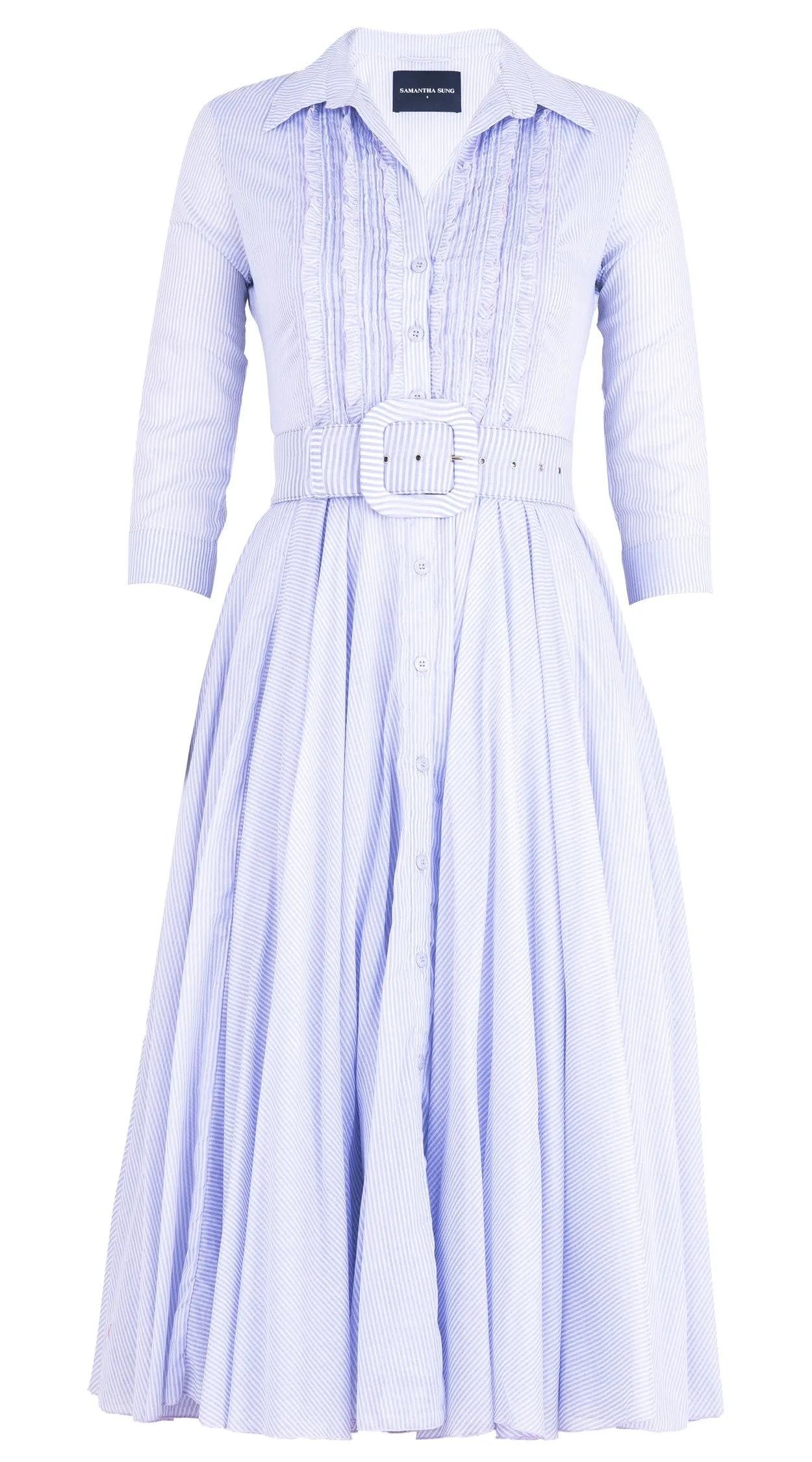 Aster Dress Shirt Collar Ruffle #2 3/4 Sleeve Midi Length Cotton Musola (Hairline Stripe)