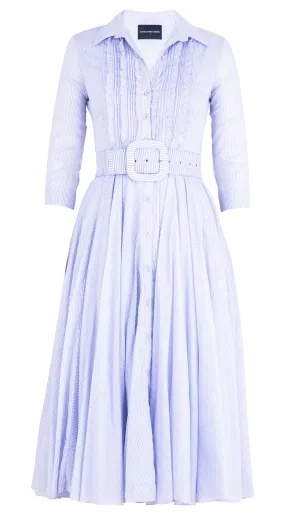 Aster Dress Shirt Collar Ruffle #2 3/4 Sleeve Midi Length Cotton Musola (Hairline Stripe)