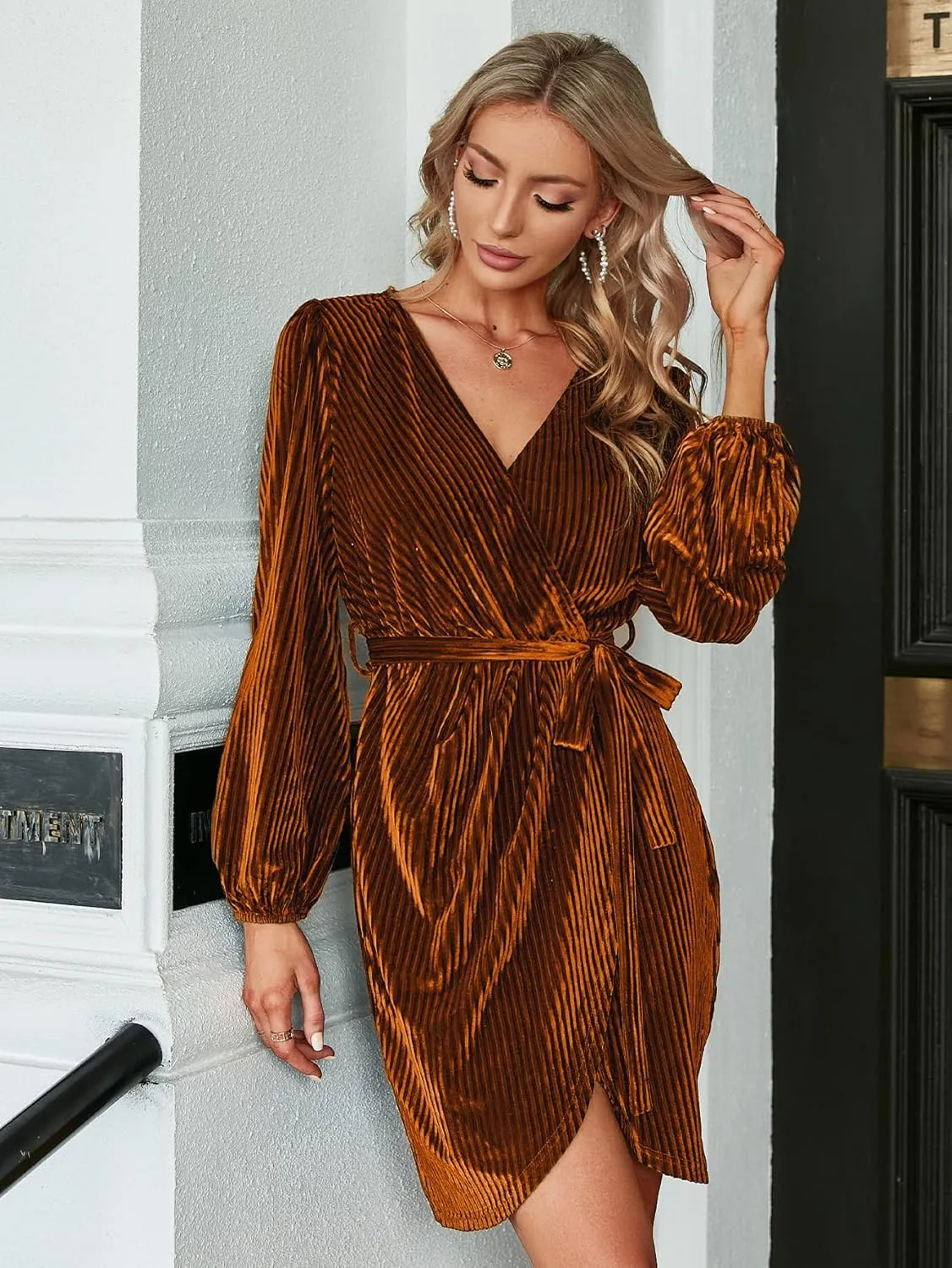 BerryGo Women's Long Sleeve Wrap Semi Formal Velvet Mini Dress Sexy Cocktail Party Winter Club Dress