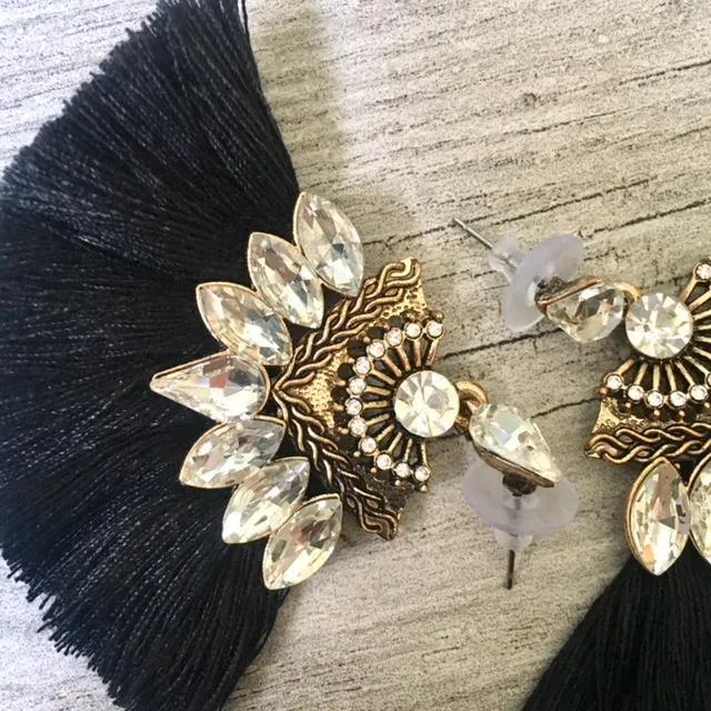 BLACK LARGE DIAMANTE TASSEL / FRINGE EARRINGS