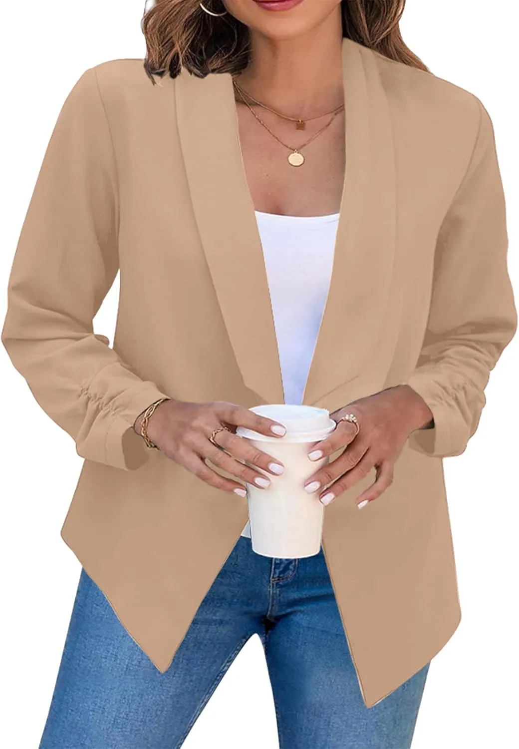 BOFETA Women Lightweight Long Sleeve Blazer Open Front Business Blazer Notched Collar Work Office Blazer