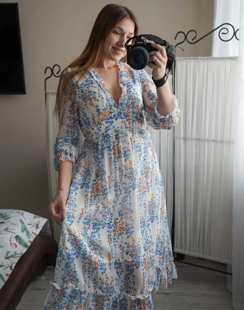 Boho Midi Dress, Ruffle Floral Lillian White
