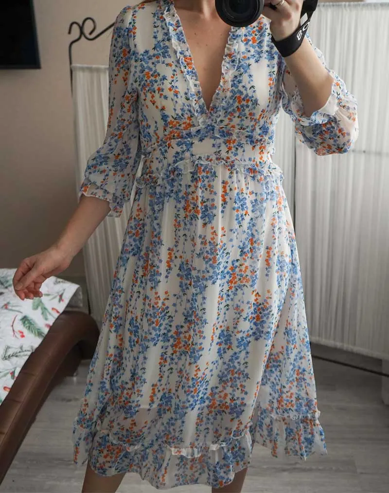Boho Midi Dress, Ruffle Floral Lillian White