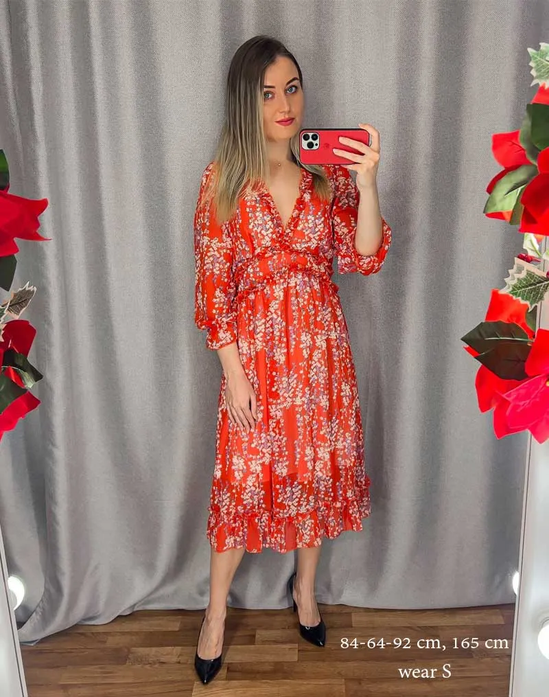 Boho Midi Dress, Ruffle Floral Lillian White