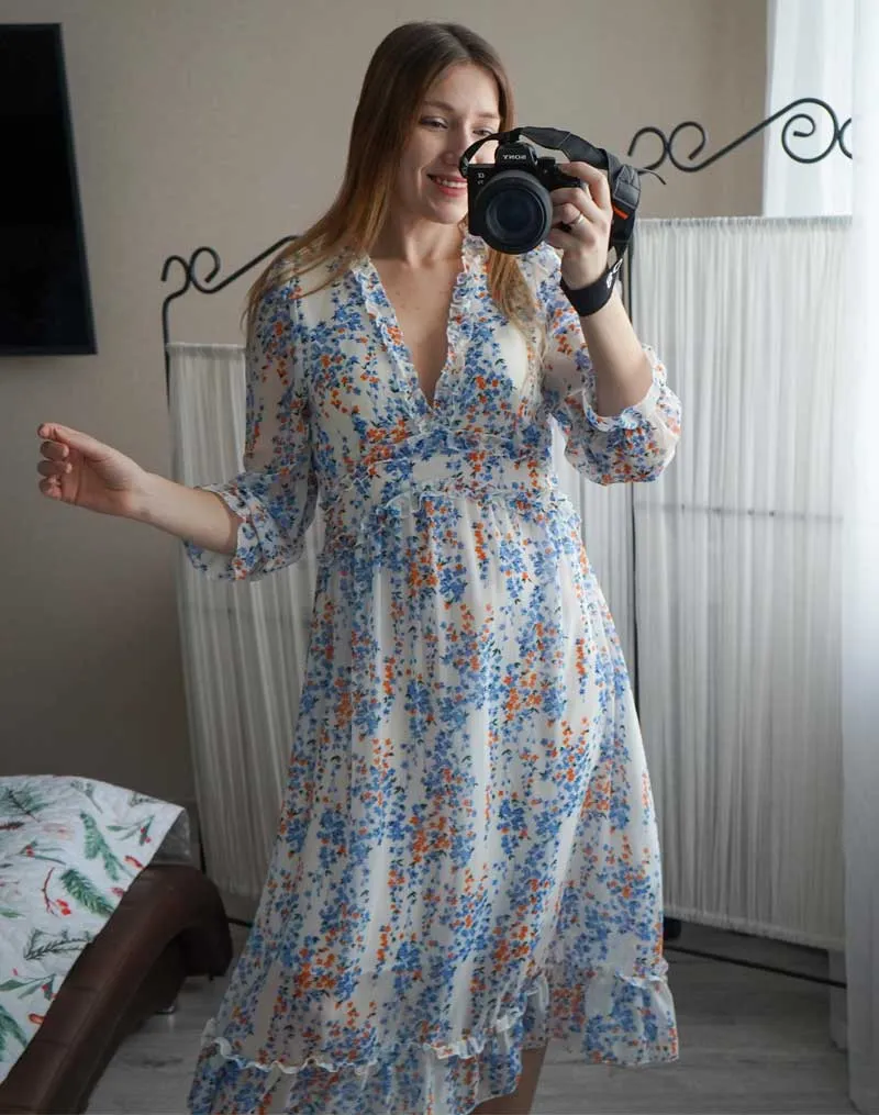 Boho Midi Dress, Ruffle Floral Lillian White