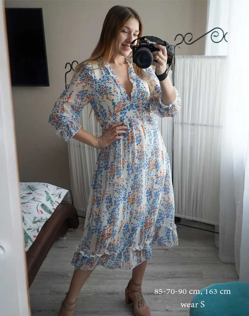 Boho Midi Dress, Ruffle Floral Lillian White