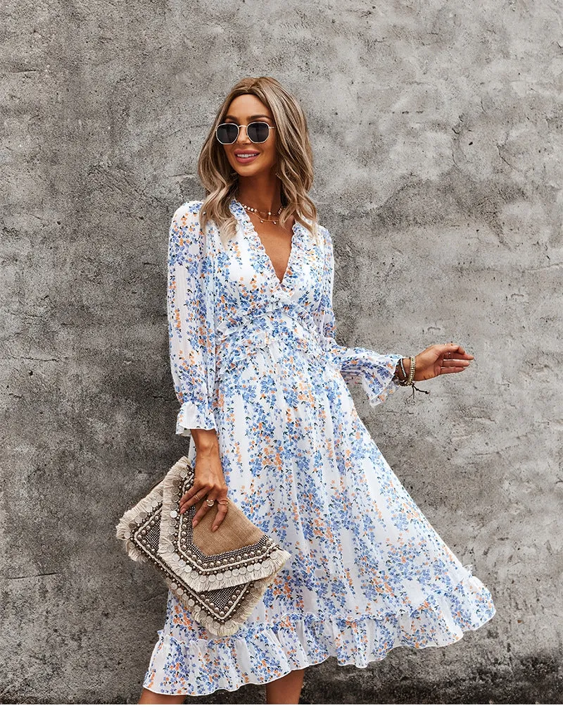 Boho Midi Dress, Ruffle Floral Lillian White