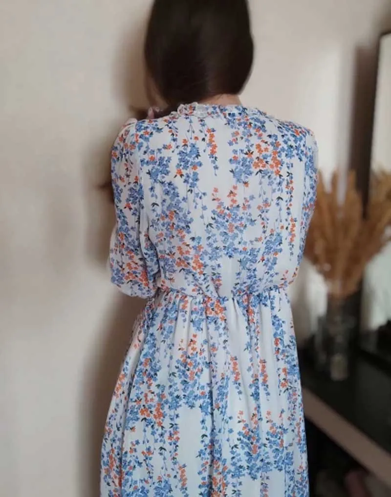 Boho Midi Dress, Ruffle Floral Lillian White