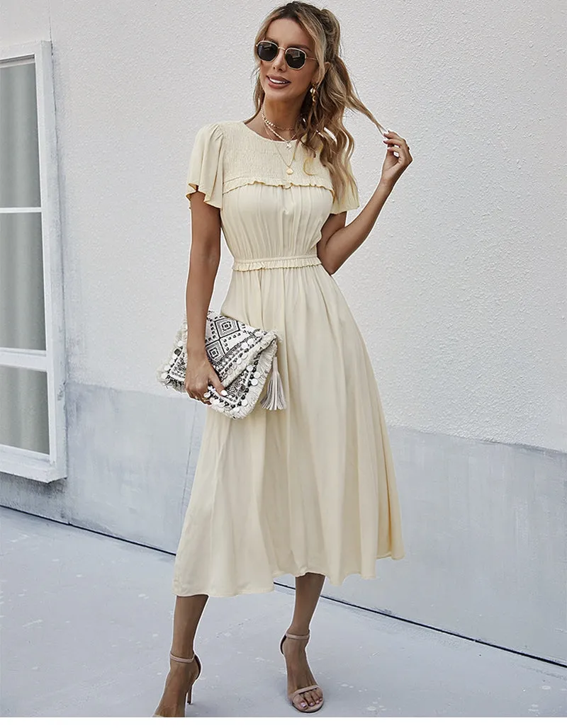 Boho Midi Dress, Ruffle Grace in Ivory