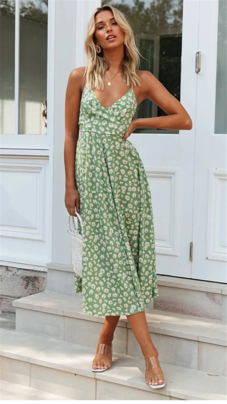 Boho Midi Dress, Strappy Sundress Emilie in Floral Green