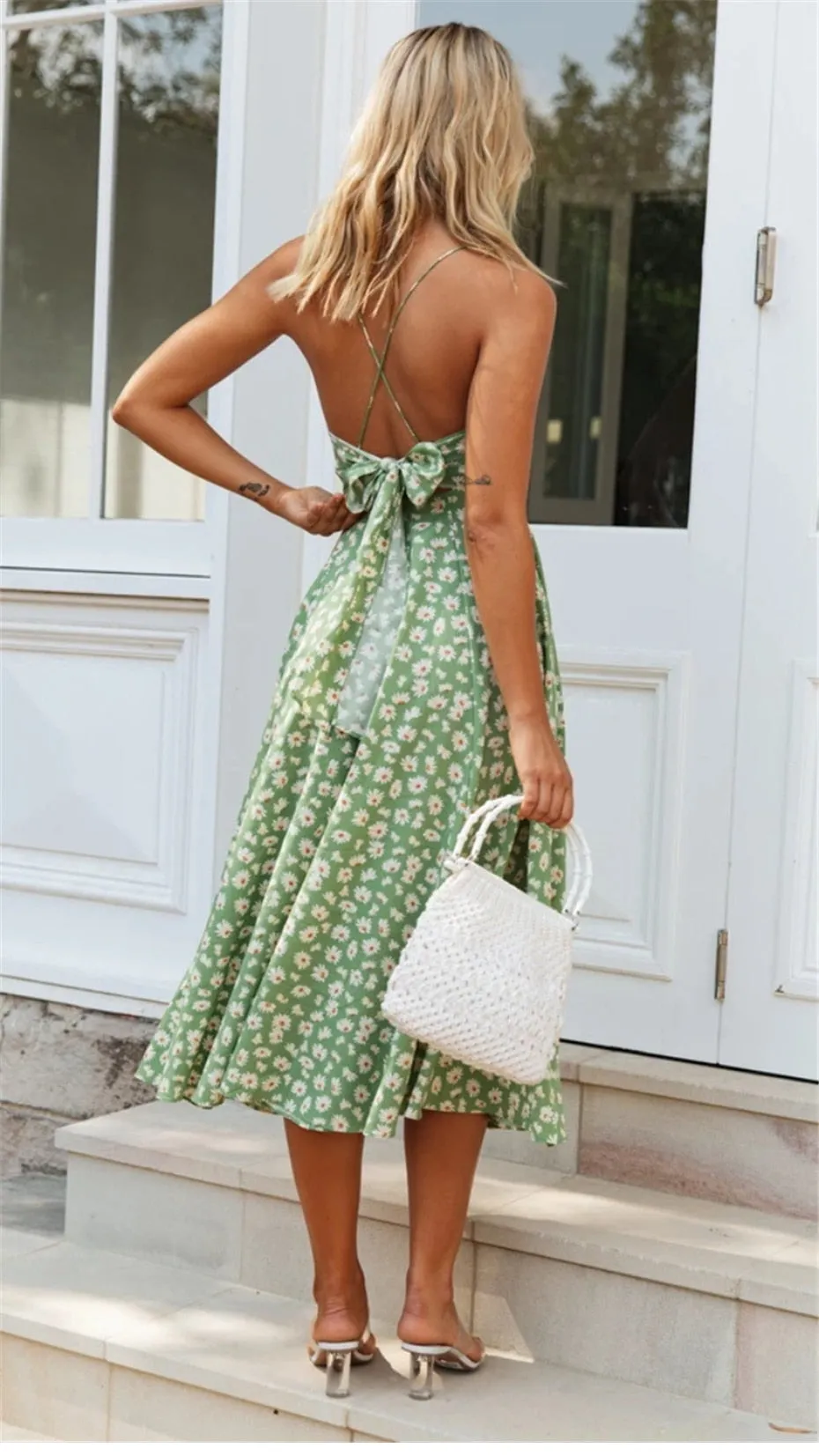 Boho Midi Dress, Strappy Sundress Emilie in Floral Green