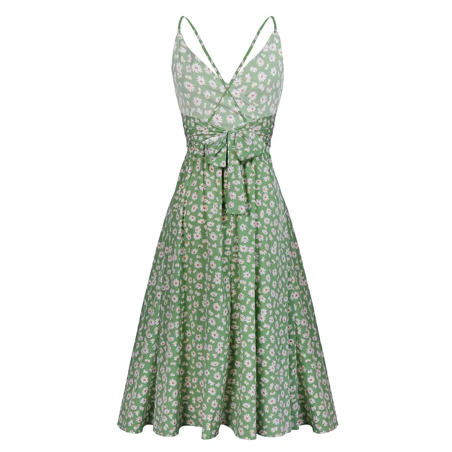 Boho Midi Dress, Strappy Sundress Emilie in Floral Green