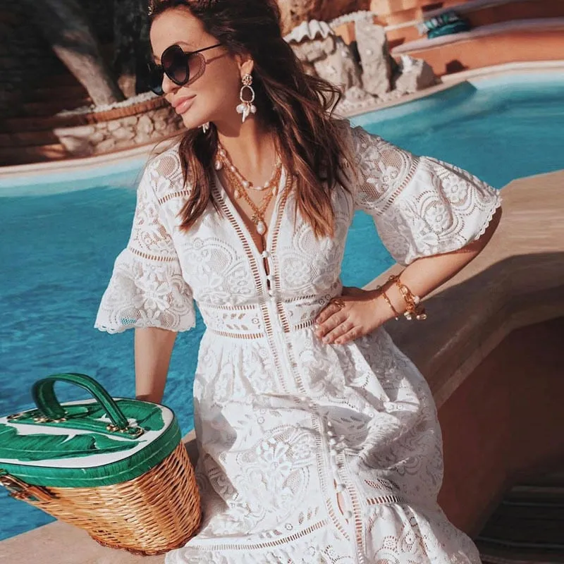 Boho Midi Dress, Sundress, Lace Charlotte  in Pink