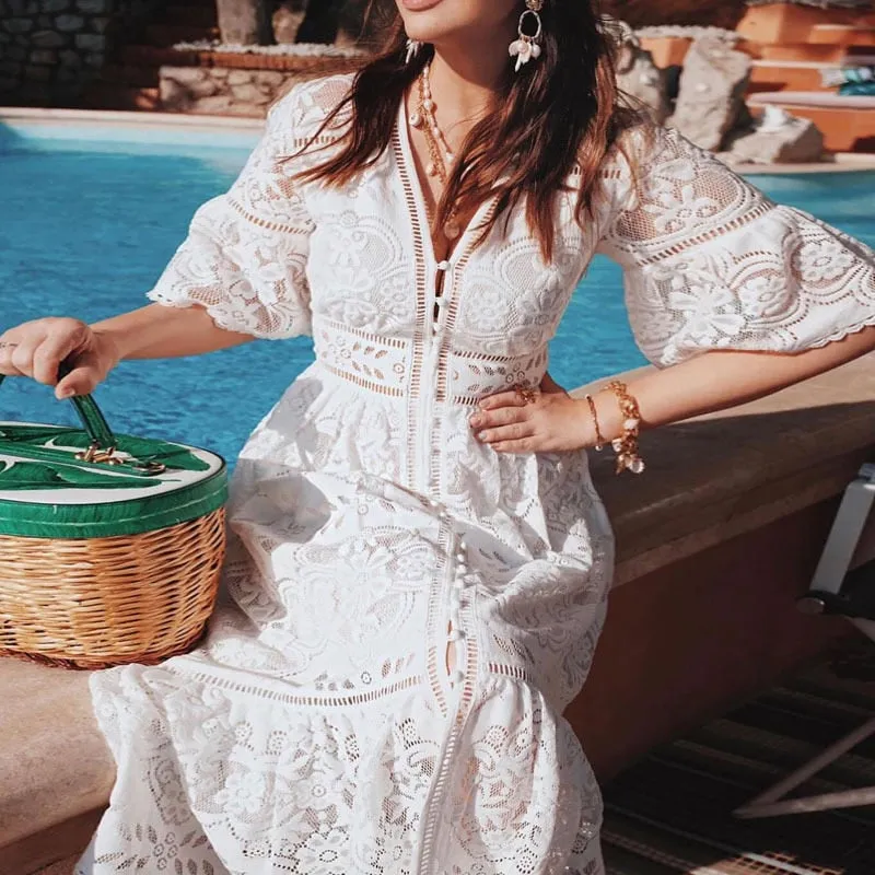 Boho Midi Dress, Sundress, Lace Charlotte  in Pink