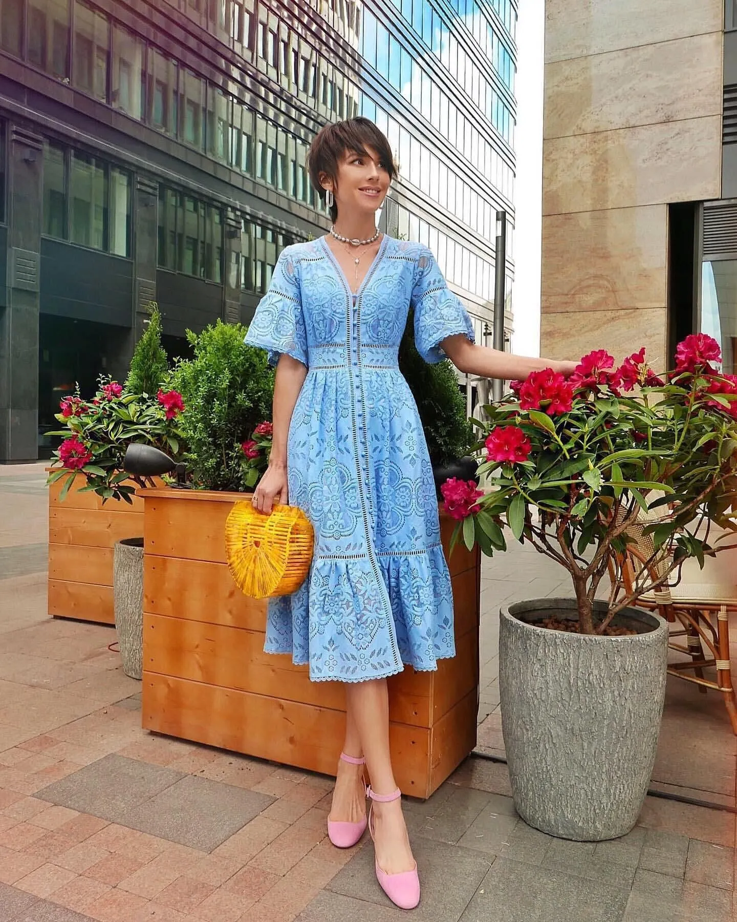Boho Midi Dress, Sundress, Lace Charlotte  in Pink