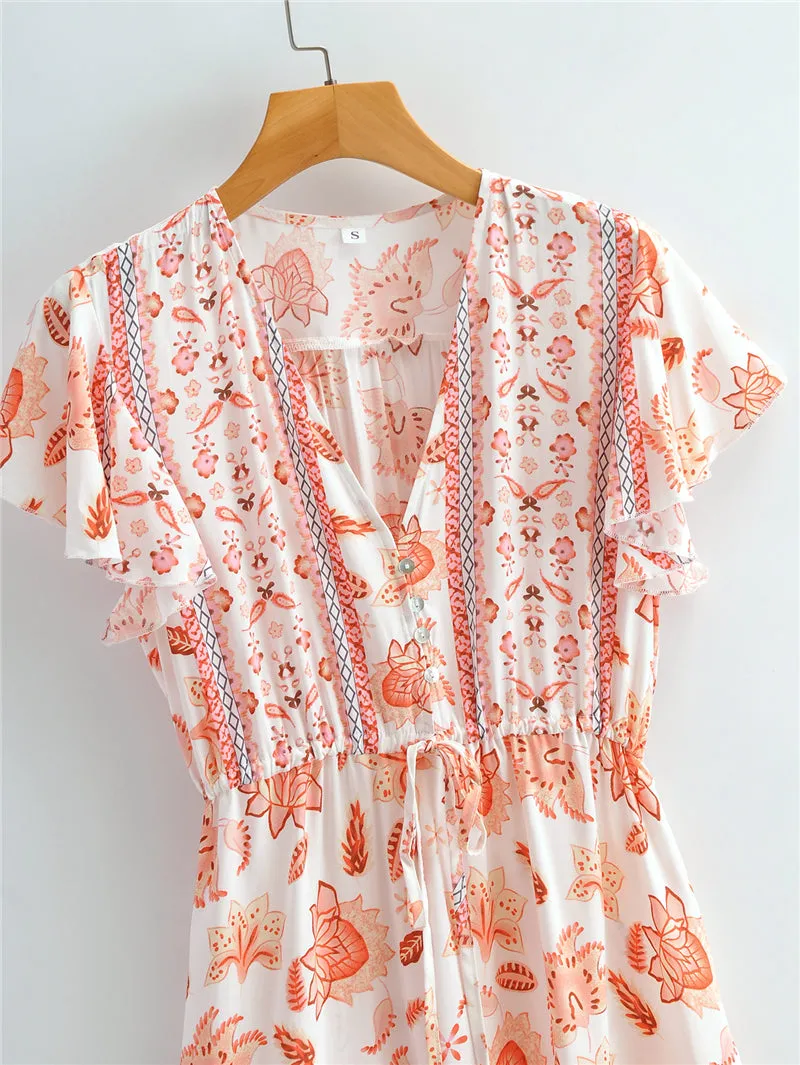 Boho Midi Dress, Sundress, White Orange Celeste