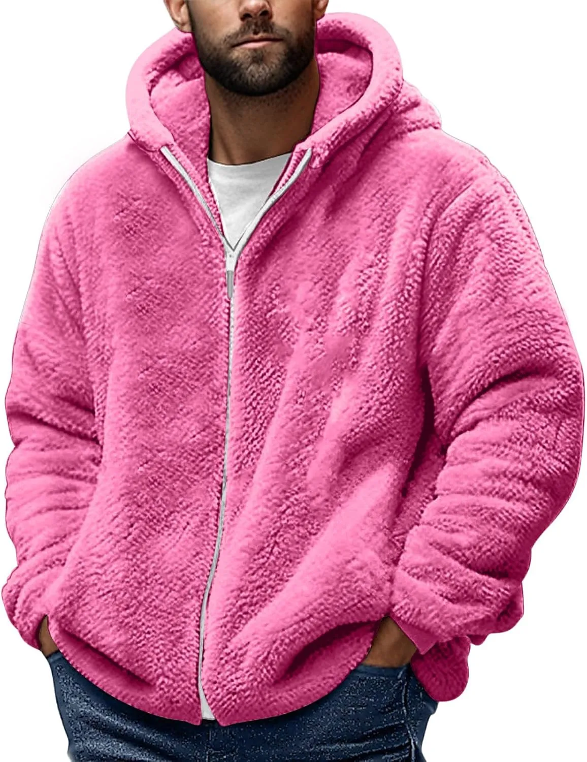 Cambkatl Men's Fuzzy Sherpa Hoodie Jacket Athletic Fleece Long Sleeve Loose Soft Zip Up Hooded Sweatshirt Sports Coat