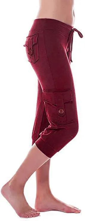 Capri Pants for Women Cropped Yoga Workout Leggings Casual Stretchy Drawstring Jogger Capris with Cargo Pockets