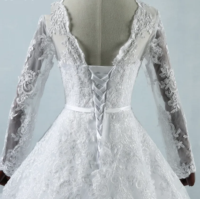 Classical Long Lace Sleeve Court Train Wedding Bridal Gown