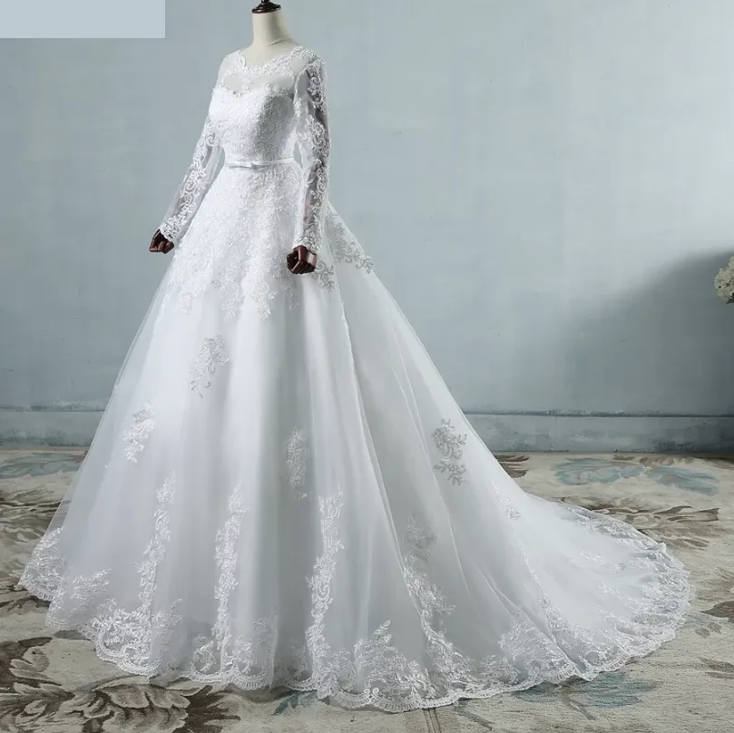 Classical Long Lace Sleeve Court Train Wedding Bridal Gown