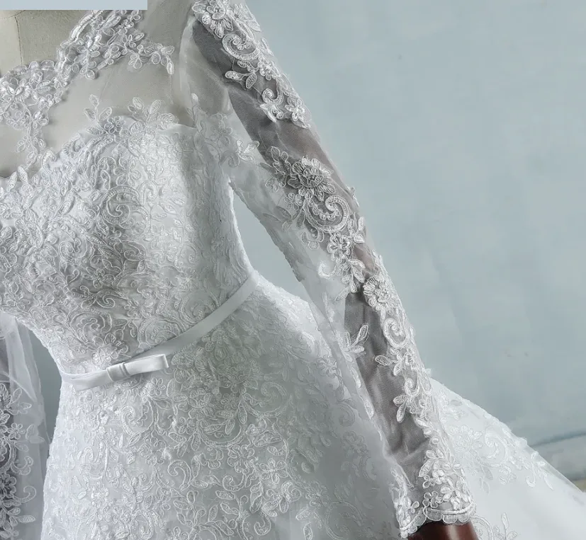 Classical Long Lace Sleeve Court Train Wedding Bridal Gown