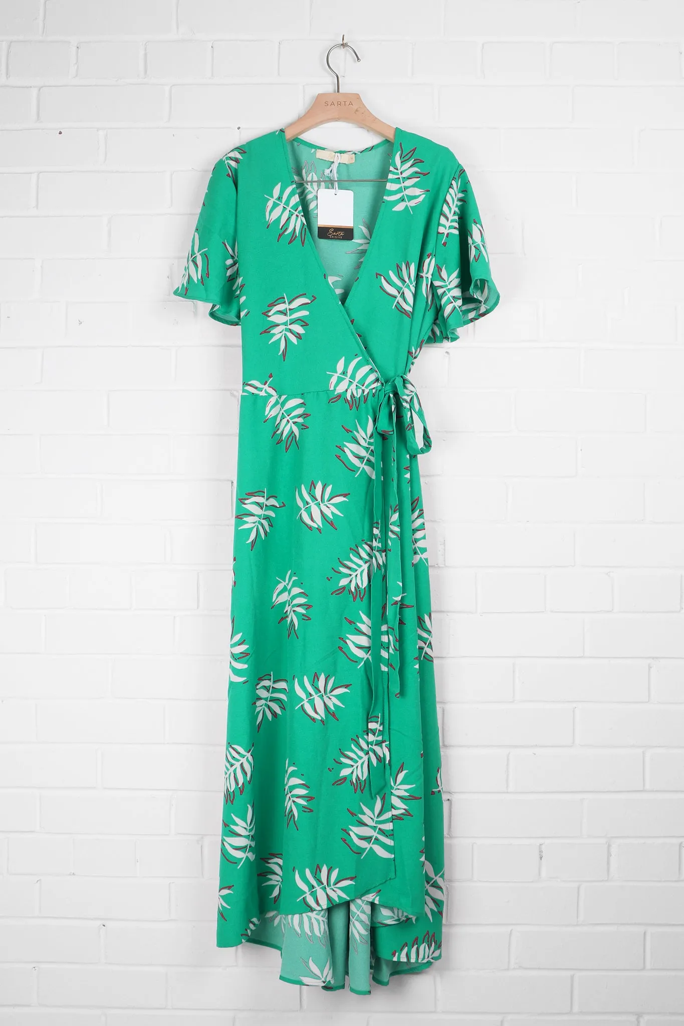 Gillian Wrap Dress - Green/Coral, Palm Leaf