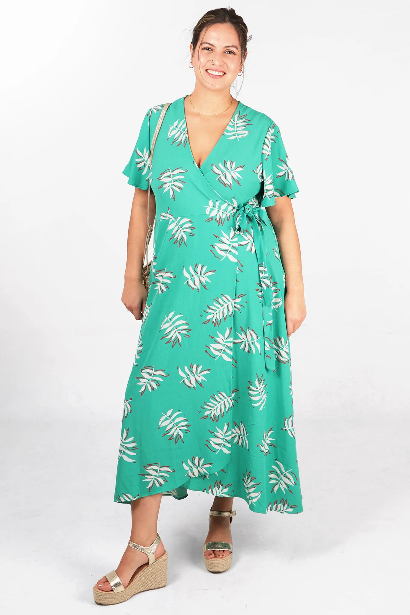 Gillian Wrap Dress - Green/Coral, Palm Leaf