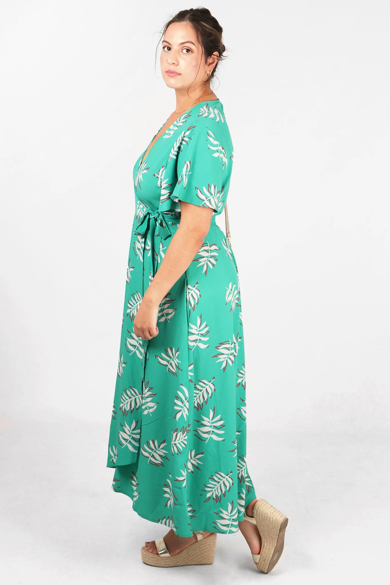 Gillian Wrap Dress - Green/Coral, Palm Leaf