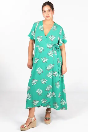 Gillian Wrap Dress - Green/Coral, Palm Leaf