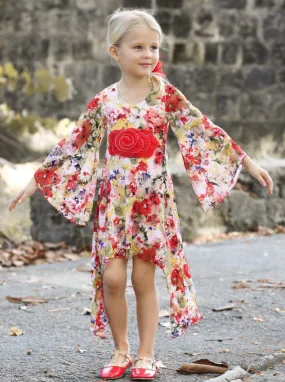 Girls Floral Lace Sidetail Boho Sleeve Dress
