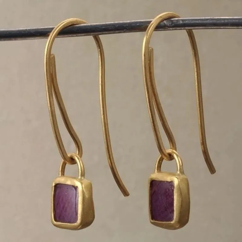 Gold Tone Geometric Cat Eye Inlay Drop Earrings