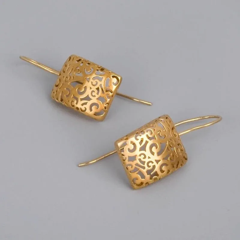 Gold Tone Geometric Cat Eye Inlay Drop Earrings