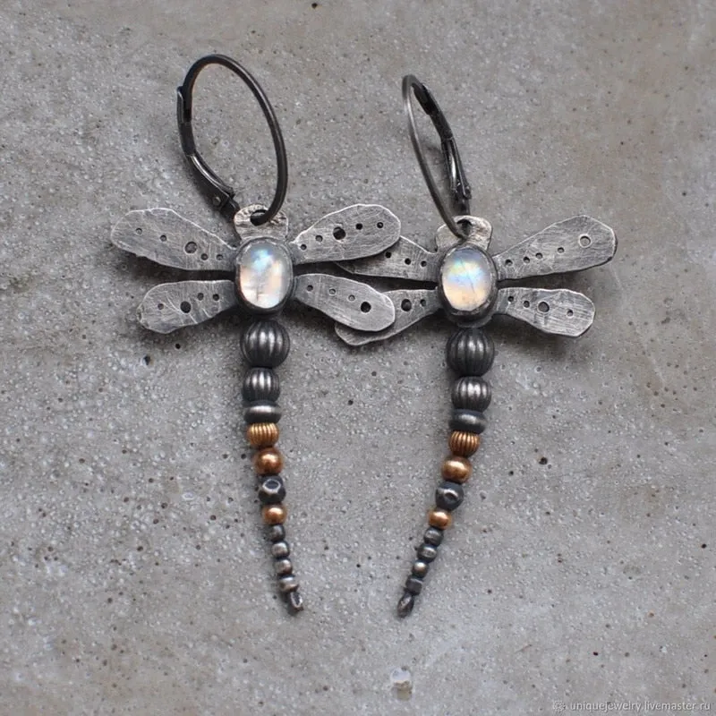 Gold Tone Geometric Cat Eye Inlay Drop Earrings