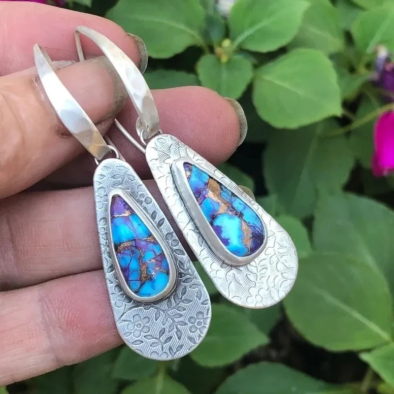 Gold Tone Geometric Cat Eye Inlay Drop Earrings