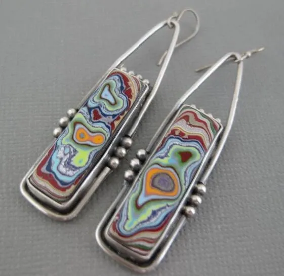 Gold Tone Geometric Cat Eye Inlay Drop Earrings