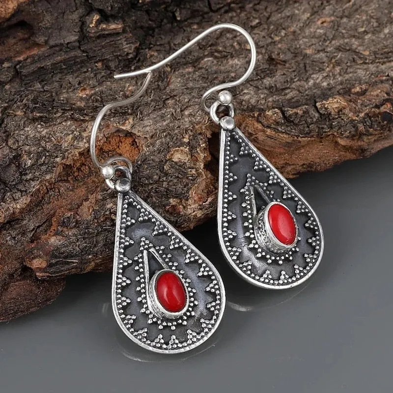 Gold Tone Geometric Cat Eye Inlay Drop Earrings