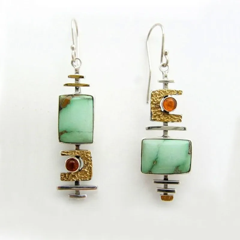 Gold Tone Geometric Cat Eye Inlay Drop Earrings