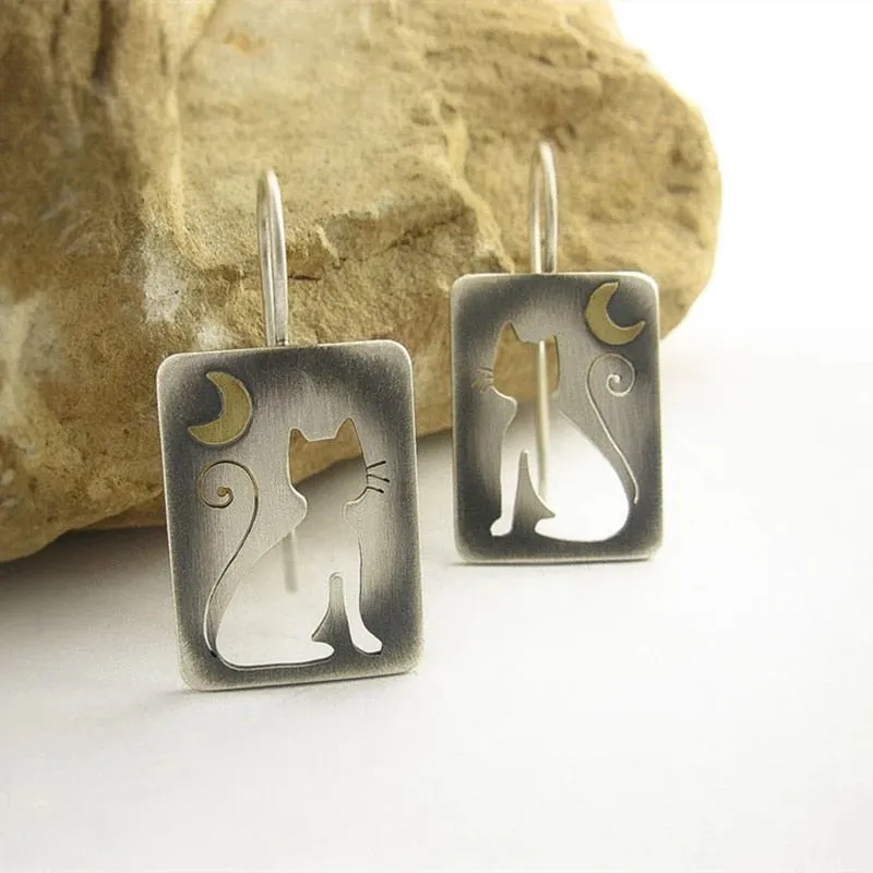 Gold Tone Geometric Cat Eye Inlay Drop Earrings