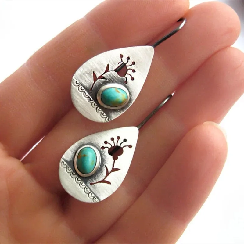 Gold Tone Geometric Cat Eye Inlay Drop Earrings