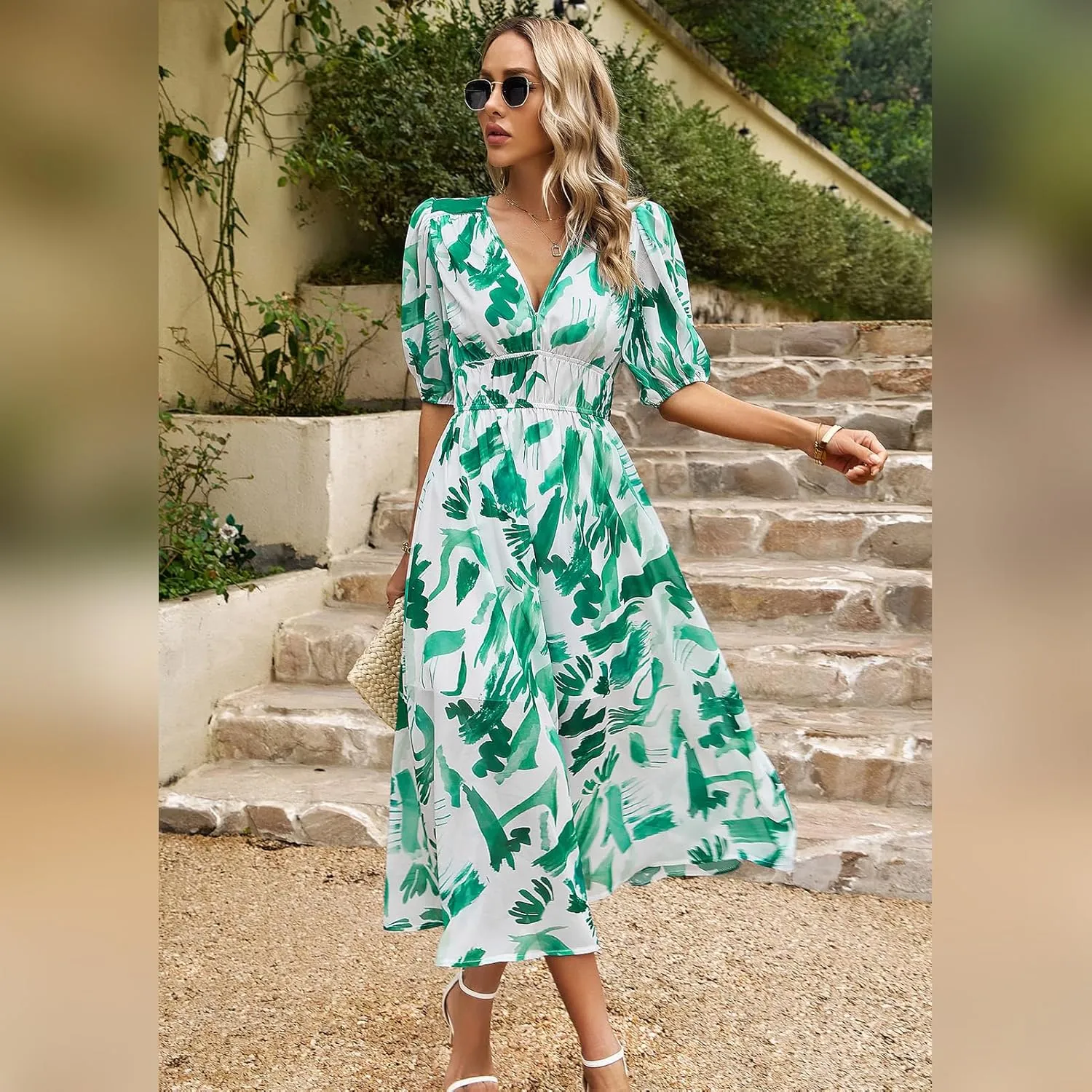 IDOPIP Women Elegant Floral Print Midi Dress Empire Waist Chiffon Dress Summer Boho Flowy Sundress Casual Ruffle Maxi Dress