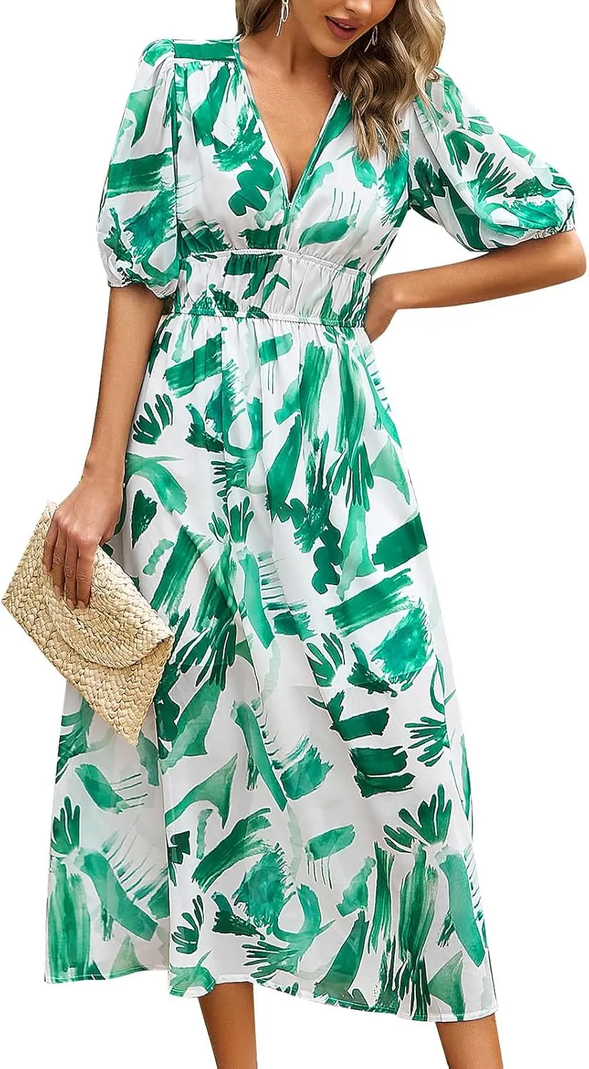 IDOPIP Women Elegant Floral Print Midi Dress Empire Waist Chiffon Dress Summer Boho Flowy Sundress Casual Ruffle Maxi Dress