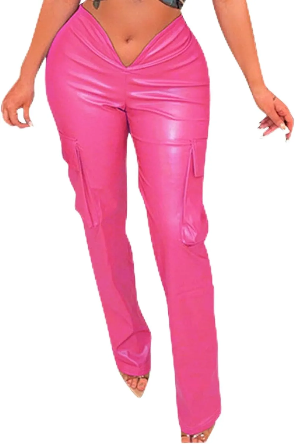 JOAU Women's Faux Leather V Waist Pants Straight Leg Low Rise Trousers Stretchy PU Legging Solid Color Pants with Pockets