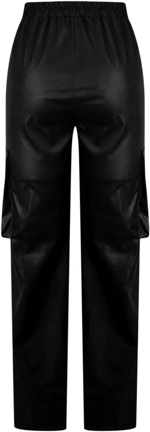 JOAU Women's Faux Leather V Waist Pants Straight Leg Low Rise Trousers Stretchy PU Legging Solid Color Pants with Pockets