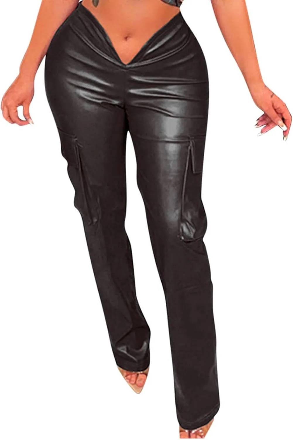 JOAU Women's Faux Leather V Waist Pants Straight Leg Low Rise Trousers Stretchy PU Legging Solid Color Pants with Pockets