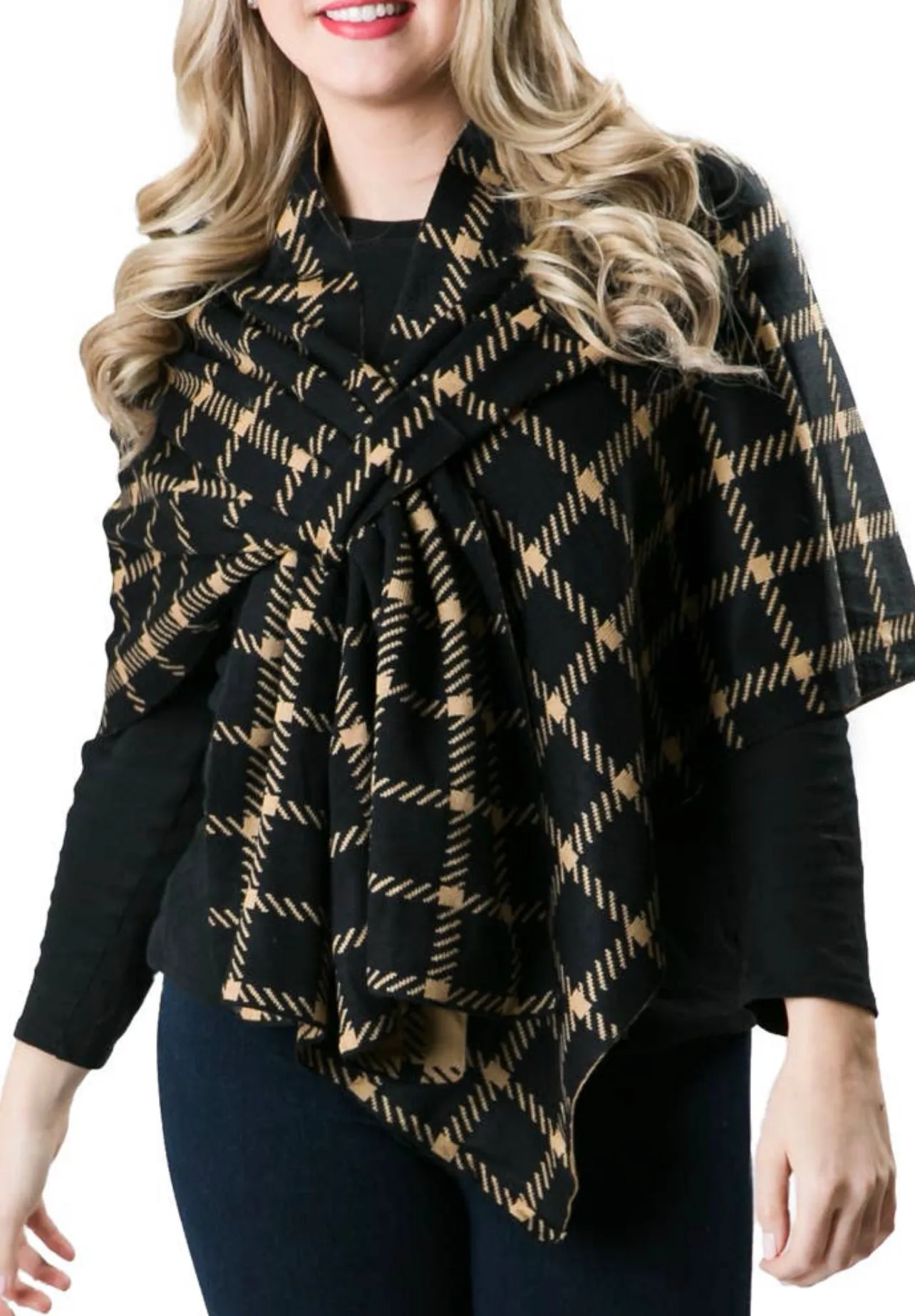 KATIE KNIT KEYHOLE WRAP - Black and Camel Plaid