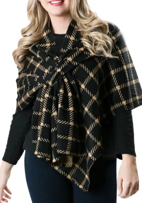 KATIE KNIT KEYHOLE WRAP - Black and Camel Plaid