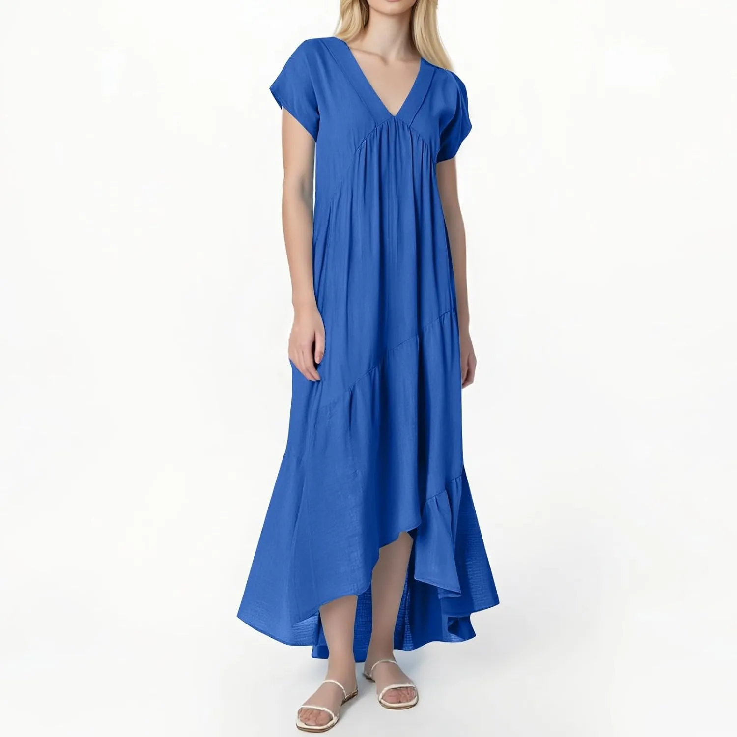 Linen Dress Women Short Sleeve V Neck Dresses Ruffle Casual Boho Beach Vacation Swing Flowy Summer Dress Plus Size