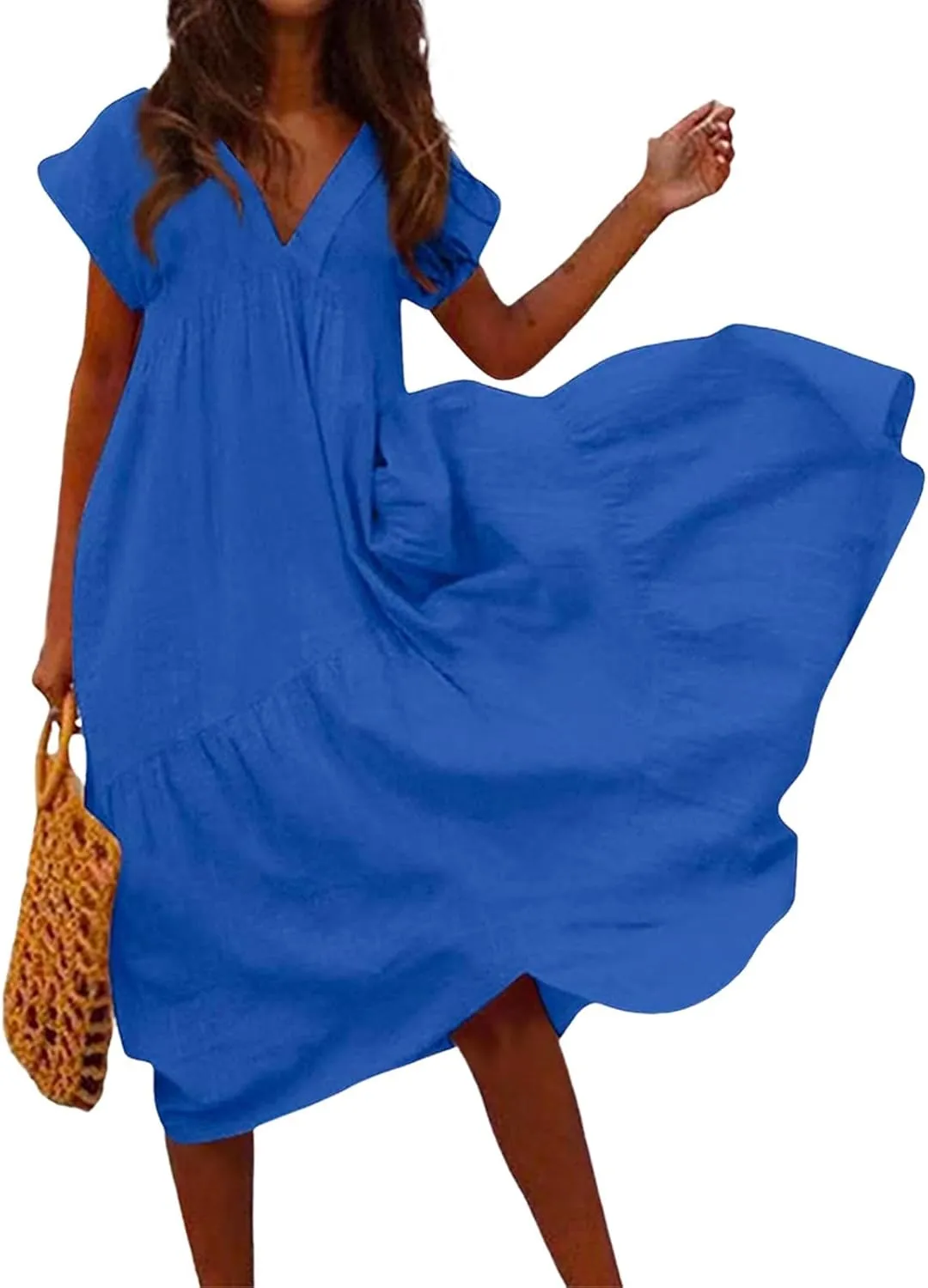 Linen Dress Women Short Sleeve V Neck Dresses Ruffle Casual Boho Beach Vacation Swing Flowy Summer Dress Plus Size