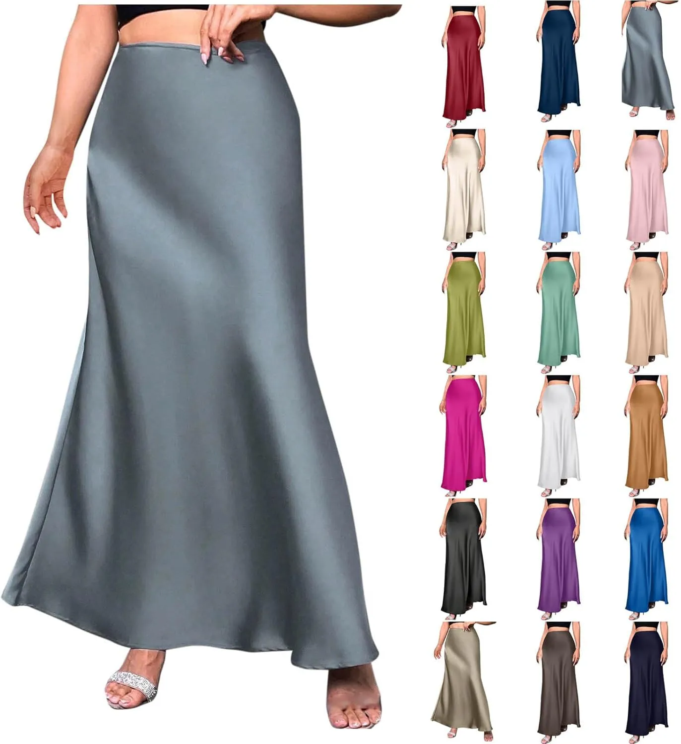 Maxi Skirts for Women Summer Trendy Soft Solid A Line Long Skirt with Zipper Flowy Satin Skirt Casual Dressy Work