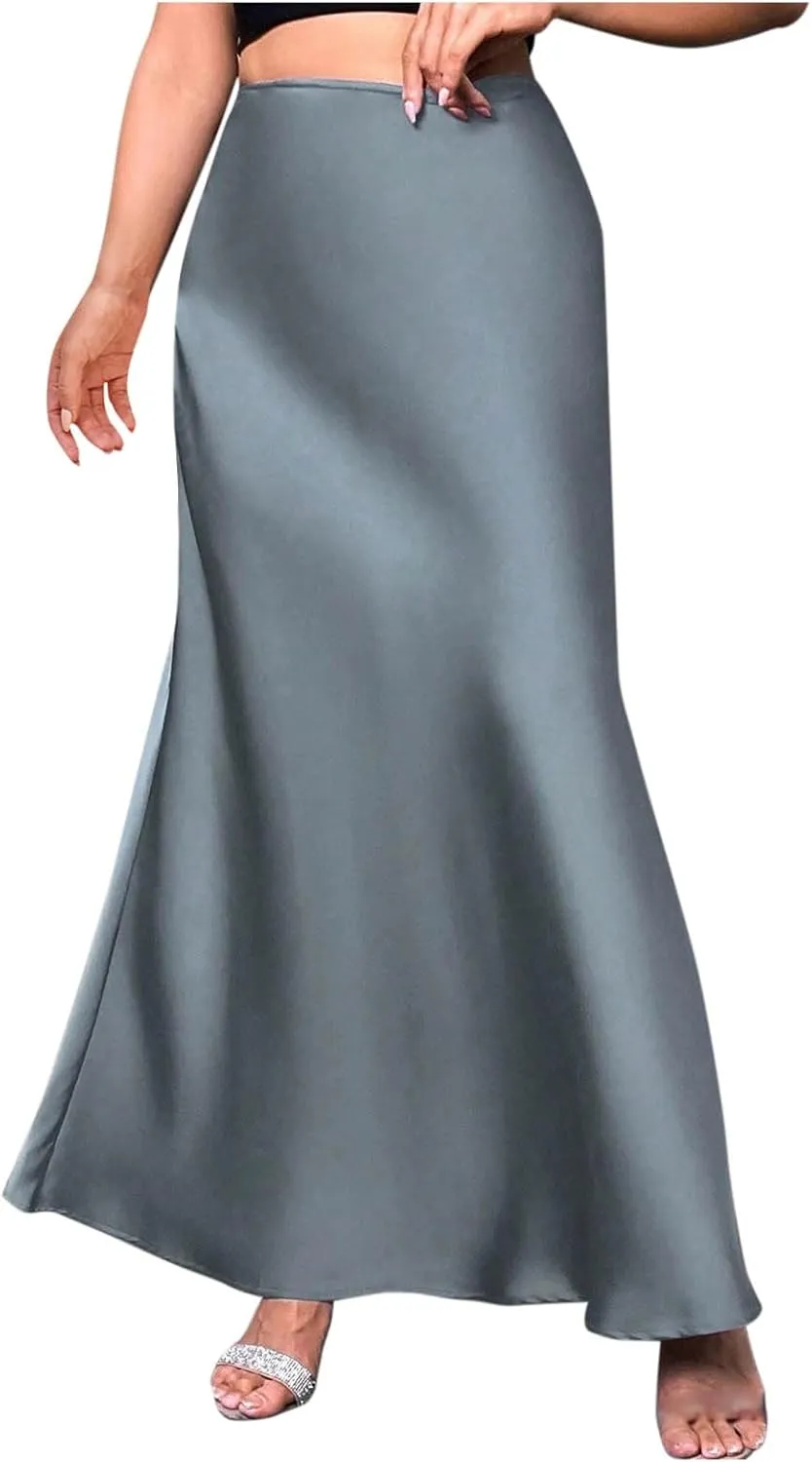 Maxi Skirts for Women Summer Trendy Soft Solid A Line Long Skirt with Zipper Flowy Satin Skirt Casual Dressy Work